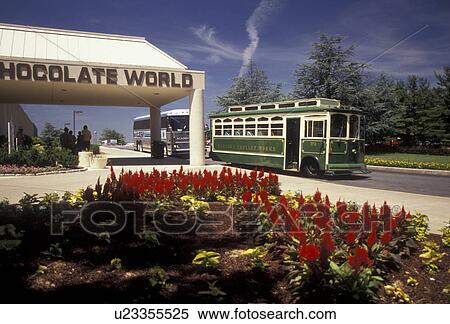 Hershey, Pennsylvania, Hershey's Chocolate World, Trolley tourbus at the entrance of Hershey's Chocolate World in Hershey in the state of Pennsylvania. View Large Photo Image Stock Photography - Hershey, Pennsylvania, Hershey's Chocolate World, Trolley tourbus at the entrance of Hershey's Chocolate World in Hershey in the state of Pennsylvania. . Fotosearch
