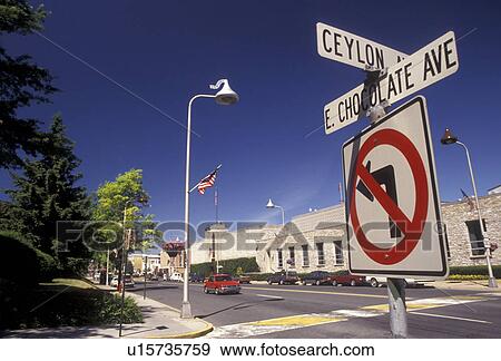 Stock Photo -  Hershey, road signs, Pennsylvania, East Chocolate Avenue street sign in downtown Hershey in the state of Pennsylvania. . Fotosearch