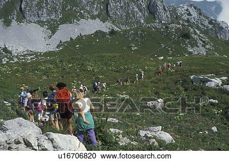 hiking, mountains, Alps, France, Europe, Haut-Savoie, A group of day hikers walking on the green and rocky mountainside of the French Alps at Col de Bise along the GR5 trail. View Large Photo Image Stock Image - hiking, mountains, Alps, France, Europe, Haut-Savoie, A group of day hikers walking on the green and rocky mountainside of the French Alps at Col de Bise along the GR5 trail.. Fotosearch