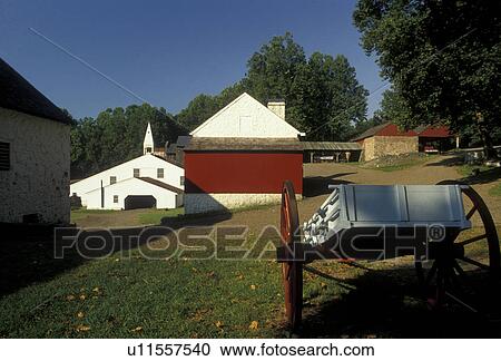 Stock Image -  Hopewell Furnace, Pennsylvania, Scenic view of the buildings at Hopewell Furnace National Historical Site in the state of Pennsylvania., . Fotosearch