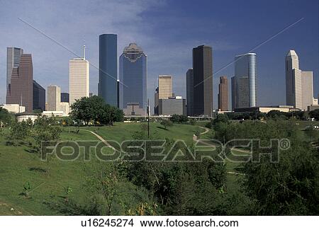 Houston, Texas, skyline, high rise, Skyline of downtown Houston from Tranquility Park. View Large Photo Image Picture - Houston, Texas, skyline, high rise, Skyline of downtown Houston from Tranquility Park.. Fotosearch