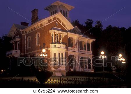 Illinois, Galena, Belvedere Mansion (circa. 1857) in historic Galena lit up in the evening View Large Photo Image Picture - Illinois, Galena, Belvedere Mansion (circa. 1857) in historic Galena lit up in the evening . Fotosearch
