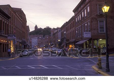 Illinois, Galena, Historical town of Galena at dusk along main street View Large Photo Image Stock Photo - Illinois, Galena, Historical town of Galena at dusk along main street . Fotosearch