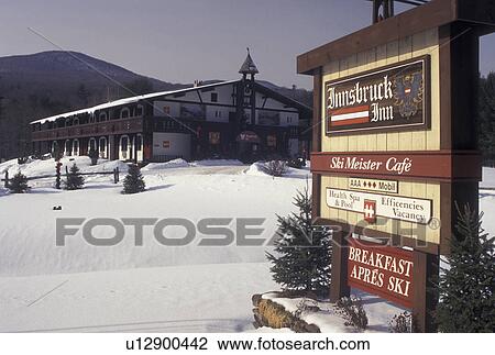inn, hotel, Vermont, VT, Innsbruck Inn in the mountain resort town of Stowe in the snow in winter. View Large Photo Image Stock Image - inn, hotel, Vermont, VT, Innsbruck Inn in the mountain resort town of Stowe in the snow in winter. . Fotosearch