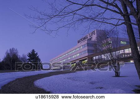 Stock Photo -  Insurance company, Vermont, VT, National Life of Vermont building in Montpelier in the evening in winter.. Fotosearch