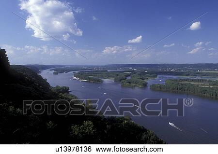 Stock Photograph -  Iowa, Aerial view of the Mississippi River from Pike's Peak State Park in Dubuque.. Fotosearch