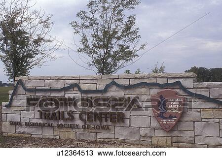 Stock Image -  Iowa, Council Bluffs, Entrance sign to the Western Historic Trails Center in Council Bluffs, . Fotosearch