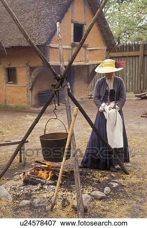 Jamestown Settlement, Jamestown, Virginia, Woman costumed interpreter demonstrates cooking outside on an open fire at James Fort at the Jamestown Settlement, a living-history complex, in the state of Virginia. View Large Photo Image Stock Photo - Jamestown Settlement, Jamestown, Virginia, Woman costumed interpreter demonstrates cooking outside on an open fire at James Fort at the Jamestown Settlement, a living-history complex, in the state of Virginia.. Fotosearch