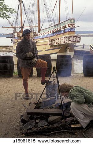 Jamestown Settlement, Jamestown, Virginia, Costumed interpreters cook outside on an open fire at James Fort at the Jamestown Settlement, a living-history complex, in the state of Virginia. A tall ship is in the background on the James River. View Large Photo Image Stock Photography - Jamestown Settlement, Jamestown, Virginia, Costumed interpreters cook outside on an open fire at James Fort at the Jamestown Settlement, a living-history complex, in the state of Virginia. A tall ship is in the background on the James River.. Fotosearch