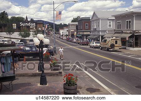 Stock Image -  Lake Placid, Adirondack Park, New York, Adirondacks, Downtown street scene in Lake Placid a winter and summer resort town in the state of New York (site of the 1932 and 1980 winter olympic games).. Fotosearch