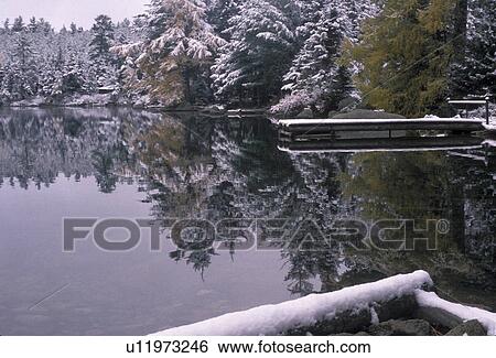 Stock Photograph -  lake, reflection, Maine, Baxter State Park, Trees and dock reflect on the calm waters of Daicey Pond after the first snowfall in the early morning in Baxter State Park. . Fotosearch