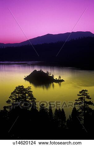 Picture -  Lake Tahoe, lake, Sierra Nevada Mountain Range, California, Nevada, Emerald Bay with a small island at sunrise on Lake Tahoe in the state of California. (purple/yellow filter) . Fotosearch