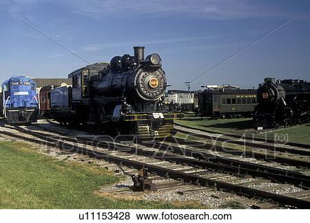 Stock Photo -  Lancaster County, museum, engine, locomotive, Pennsylvania, train, Trains displayed at the Railroad Museum of Pennsylvania in Strasburg in Pennsylvania Dutch Country in the state of Pennsylvania. . Fotosearch