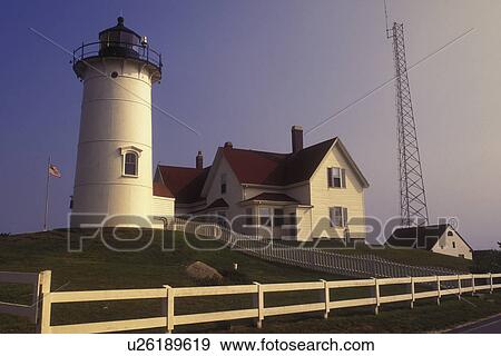 Stock Photo -  Lighthouse, Cape Cod, Falmouth, Massachusetts, The white Nobska Lighthouse sits on top of hill.. Fotosearch