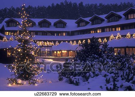 lodge, inn, resort, Trapp Family Lodge, winter, Christmas, X-mas, Xmas, Vermont, The snow covered Trapp Family Lodge is decorated with lights in the evening for the Christmas holiday season in Stowe in Lamoille County in the state of Vermont. An evergree View Large Photo Image Stock Photo - lodge, inn, resort, Trapp Family Lodge, winter, Christmas, X-mas, Xmas, Vermont, The snow covered Trapp Family Lodge is decorated with lights in the evening for the Christmas holiday season in Stowe in Lamoille County in the state of Vermont. An evergree. Fotosearch