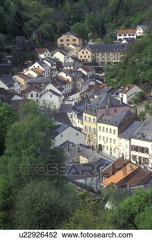 Stock Image -  Luxembourg, Aerial view of the village of Vianden.. Fotosearch