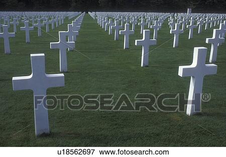 Stock Photo -  Luxembourg, Gravesites of soldiers who fought in World War II at the American Cemetery in Luxembourg.. Fotosearch