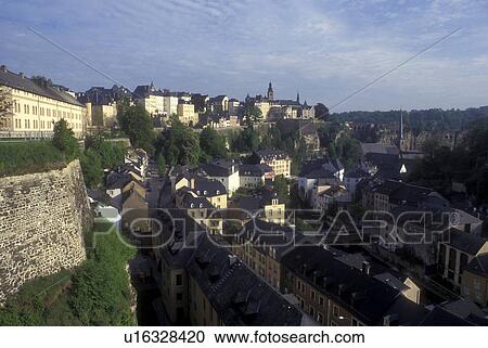 Stock Image -  Luxembourg, Luxembourg City, Scenic skyline view of Old Luxembourg City., . Fotosearch
