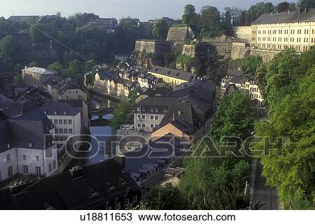 Stock Image -  Luxembourg, Luxembourg City, Scenic skyline view of Old Luxembourg City along the Alzette River., . Fotosearch
