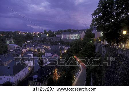 Luxembourg, Luxembourg City, Scenic skyline view of Old Luxembourg City in the evening View Large Photo Image Stock Photo - Luxembourg, Luxembourg City, Scenic skyline view of Old Luxembourg City in the evening . Fotosearch