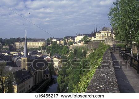 Luxembourg, Luxembourg City, Scenic skyline view of Old Luxembourg City and St. John's Church in Luxembourg., View Large Photo Image Stock Photo - Luxembourg, Luxembourg City, Scenic skyline view of Old Luxembourg City and St. John's Church in Luxembourg., . Fotosearch