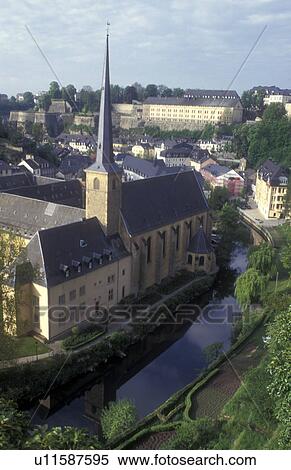 Luxembourg, Luxembourg City, Scenic skyline view of Old Luxembourg City and St. John's Church in Luxembourg along the Alzette River., View Large Photo Image Stock Photography - Luxembourg, Luxembourg City, Scenic skyline view of Old Luxembourg City and St. John's Church in Luxembourg along the Alzette River., . Fotosearch