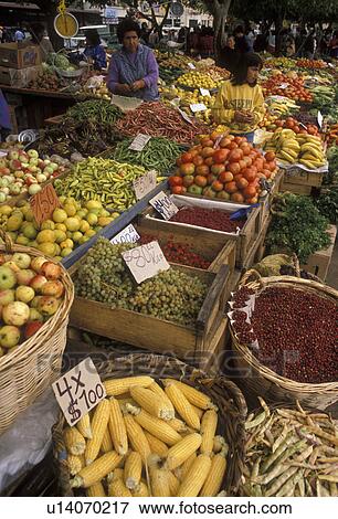 Stock Photo -  market, Chile, Fresh produce displayed at an outdoor market in Valdivia in the South-Central Region in Chile . Fotosearch