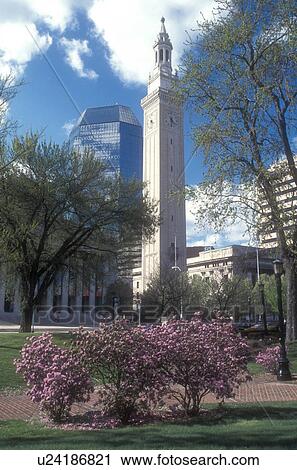 Stock Image -  Massachusetts, Springfield, Symphony Hall at City Hall Complex in downtown Springfield, Massachusetts in the spring.. Fotosearch