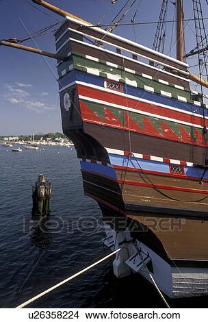Mayflower, Plymouth, Plymouth Harbor, Massachusetts, The Mayflower II is docked at State Pier on Plymouth Harbor in Plymouth in the state of Massachusetts. View Large Photo Image Picture - Mayflower, Plymouth, Plymouth Harbor, Massachusetts, The Mayflower II is docked at State Pier on Plymouth Harbor in Plymouth in the state of Massachusetts. . Fotosearch
