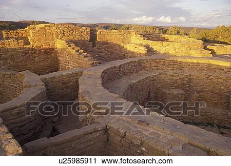 Stock Image -  Mesa Verde, Mesa Verde National Park, ruin, Archeological, Colorado, Golden early morning light on Far View Ruins in Mesa Verde Nat'l Park in the state of Colorado.. Fotosearch
