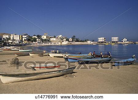 Stock Image -  Mexico, Mazatlan, beach, boats, Pacific Ocean, Fishing boats on the beach on the Pacific Ocean in Mazatlan Pearl of the Pacific in the state of Sinaloa.. Fotosearch