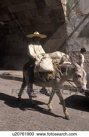 Mexico, people, San Miguel de Allende, donkey, Man wearing a sombrero rides a donkey carrying bags of goods through the streets of San Miguel de Allende in the state of Guanajuato. View Large Photo Image Stock Image - Mexico, people, San Miguel de Allende, donkey, Man wearing a sombrero rides a donkey carrying bags of goods through the streets of San Miguel de Allende in the state of Guanajuato.. Fotosearch