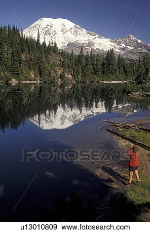 Stock Photo -  Mount Rainier, hiking, Mt. Rainier National Park, Cascades, Cascade Range, Washington, A woman hiker looks at the the snow covered Mt. Rainier reflecting in the calm waters of Snow Lake in the Cascade Mountain Range in Mount Rainier Nat'l Park in the sta. Fotosearch