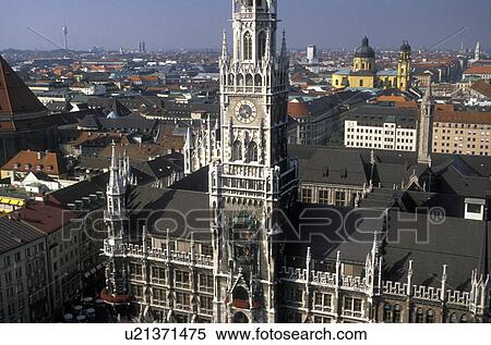 Munich, Germany, Bavaria, Europe, Aerial view of New Town Hall, built in 1909, and the city of Munich. View Large Photo Image Stock Photography - Munich, Germany, Bavaria, Europe, Aerial view of New Town Hall, built in 1909, and the city of Munich.. Fotosearch