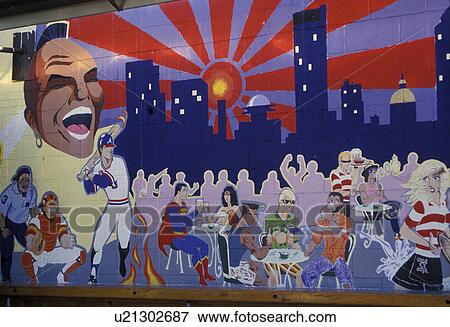 Stock Photo -  mural, Atlanta, Buckhead, Georgia, Good Ol' Days Mural on Peachtree Road in Atlanta. Mural of skyline of Atlanta with cafe and Braves mascot.. Fotosearch