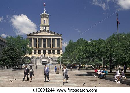 Picture -  Nashville, State Capitol, State House, Tennessee, The Legislative Plaza in front of The State Capitol Building in the capital city of Nashville in the state of Tennessee. The capitol building is an example of Greek Revival architecture.. Fotosearch