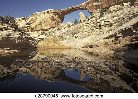 Stock Photography -  Natural Bridges, Natural Bridges National Monument, Utah, Reflection of Owachomo Bridge in a small pond in Natural Bridges Nat'l Monument in the state of Utah. . Fotosearch