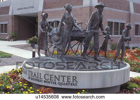 Nebraska, A statue of the Mormons in front of the Mormon Trail Center at Historic Winter Quarters & Pioneer Cemetery in Omaha. View Large Photo Image Stock Photo - Nebraska, A statue of the Mormons in front of the Mormon Trail Center at Historic Winter Quarters & Pioneer Cemetery in Omaha.. Fotosearch