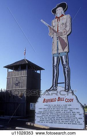 Stock Image -  Nebraska, Buffalo Bill sign at Fort Cody Trading Post in North Platte. William F. Buffalo Bill Cody.. Fotosearch