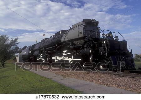 Stock Image -  Nebraska, Omaha, Union Pacific Big Boy 1944 steam locomotive is displayed at Kenefick Park, . Fotosearch