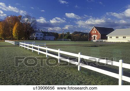 New Hampshire, Clarmont, farm, A white fence along a field. Farm with a red barn in the background. View Large Photo Image Stock Photograph - New Hampshire, Clarmont, farm, A white fence along a field. Farm with a red barn in the background.. Fotosearch