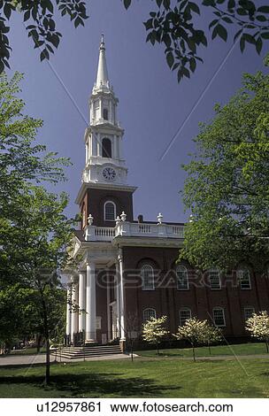 Stock Image -  New Haven, church, Connecticut, Yale, First Church of Christ in the spring in New Haven in the state of Connecticut.. Fotosearch
