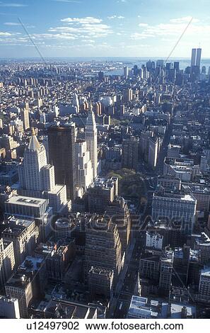 New York City, Manhattan, New York, N. Y. C Aerial view of New York City, New York looking south towards Lower Manhattan from the Empire State Building. View Large Photo Image Stock Image - New York City, Manhattan, New York, N. Y. C Aerial view of New York City, New York looking south towards Lower Manhattan from the Empire State Building.. Fotosearch