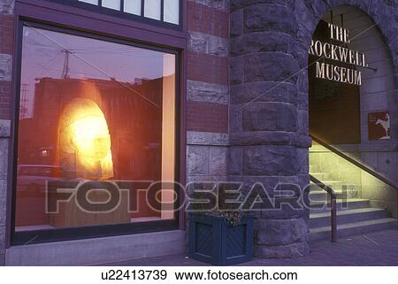 New York, Finger Lakes, The Rockwell Museum window display in the evening in Corning View Large Photo Image Stock Photo - New York, Finger Lakes, The Rockwell Museum window display in the evening in Corning . Fotosearch