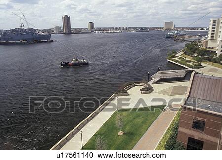 Stock Image -  Norfolk, Virginia, Aerial view of Norfolk's Harbor in the state of Virginia . Fotosearch