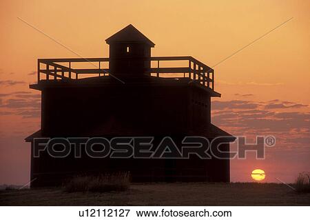 Stock Photo -  North Dakota, Infantry Post Blockhouse at [sunrise, sunset] at Fort Abraham Lincoln State Park in Mandan., . Fotosearch