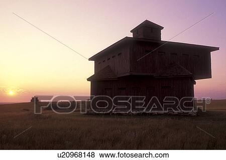 Stock Photo -  North Dakota, Infantry Post Blockhouse at [sunrise, sunset] at Fort Abraham Lincoln State Park in Mandan., . Fotosearch