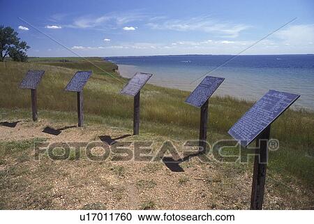 Stock Image -  North Dakota, Interpretive signs at Fort Stevenson State Park on Lake Sakakawea in Garrison.. Fotosearch