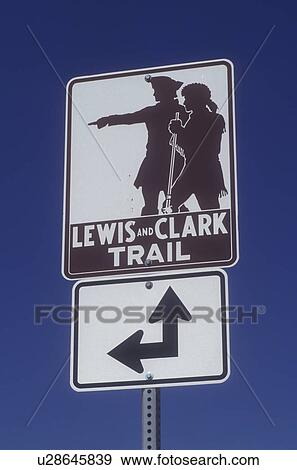 Stock Photo -  North Dakota, Lewis & Clark Trail road sign, depicting the Lewis and Clark Expedition . Fotosearch