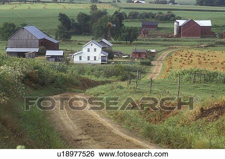 Stock Photograph -  Ohio, Holmes County, amish, farm, A Amish farm with a red barn down a dirt road in Holmes County. A golden wheat field is being harvested.. Fotosearch